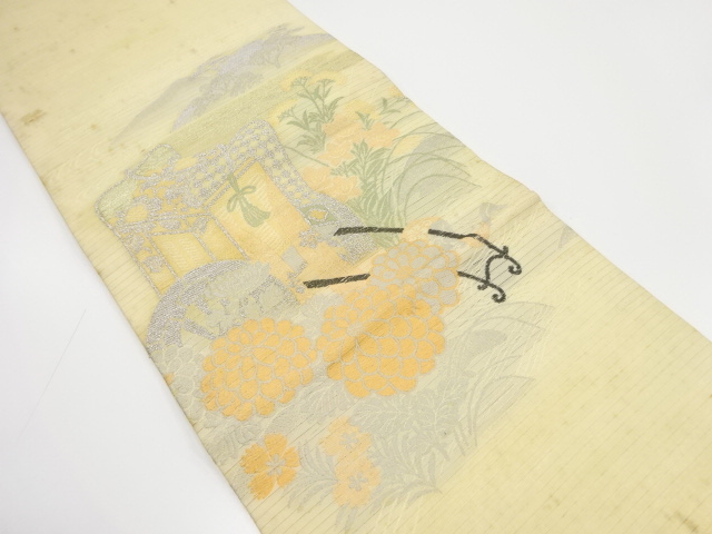 アンティーク　絽御所車に菊・秋草模様織出し丸帯（材料）